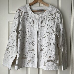 Chicos White Eyelet Appliqué Blouse Jacket Size2 Embroidered Silk/cotton/linen